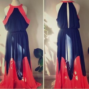 Head grabbing orange and blue summer dress